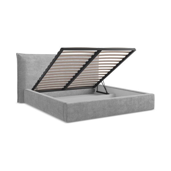 Világosszürke kárpitozott ágyneműtartós franciaágy ágyráccsal 160x200 cm Esala – Makamii-image-3