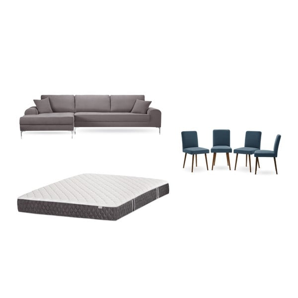 Barna baloldali sarokkanapé, 4 db kék szék, matrac (160 x 200 cm) szett- Home Essentials