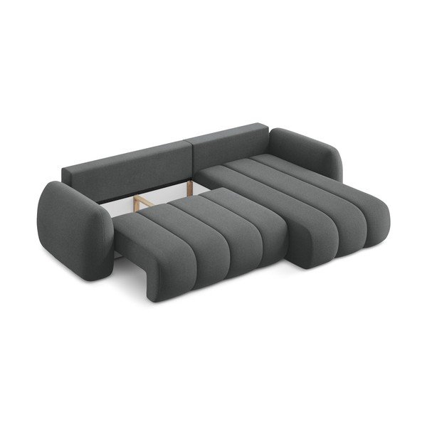 Sötétszürke buklé kinyitható-tárolóhelyes sarokkanapé (jobb oldali-heverő résszel) Pele – Makamii-image-4