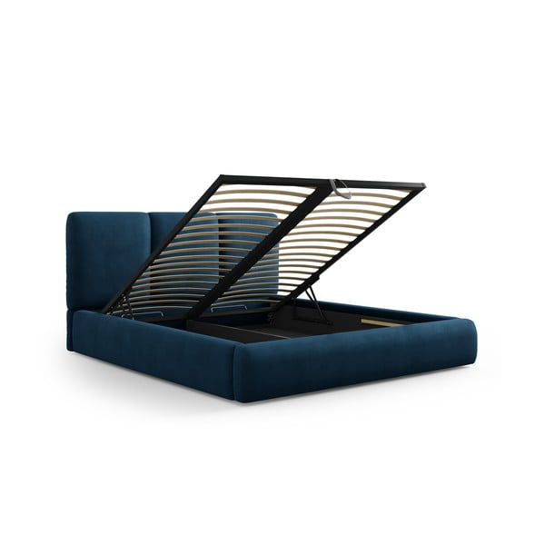 Sötétkék kárpitozott ágyneműtartós franciaágy ágyráccsal 200x200 cm Brody – Mazzini Beds-image-2