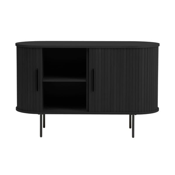 Fekete komód tolóajtóval, tölgyfa dekorral 120x76x45 cm Nola – Unique Furniture-image-2