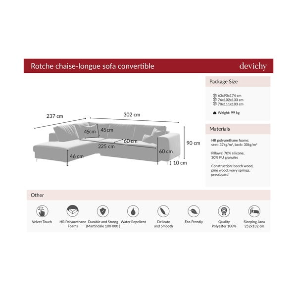 Rothe sötétrózsaszín kinyitható bársony sarokkanapé, bal oldali - devichy-image-3
