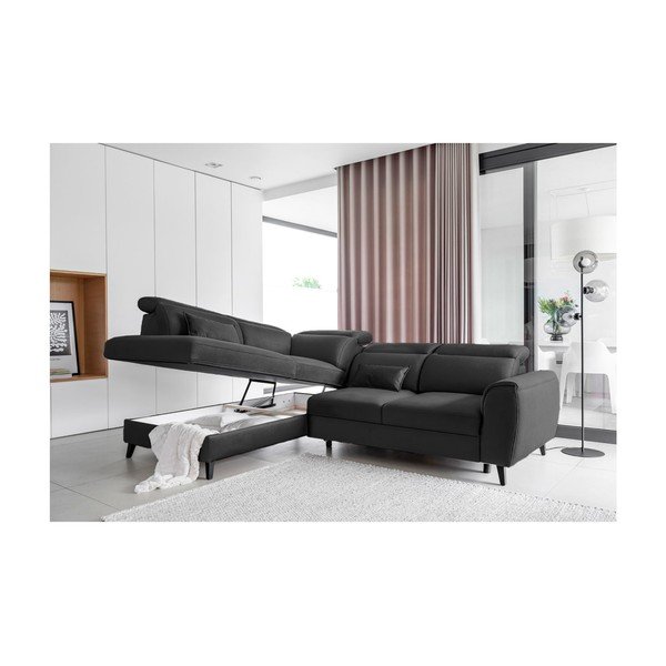 Sötétszürke bársony kinyitható-tárolóhelyes sarokkanapé (bal oldali-L alakú) Noble – ELTAP-image-3