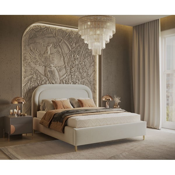 Krémszínű kárpitozott ágyneműtartós franciaágy ágyráccsal 140x200 cm Mija – Maison de Rêve-image-1