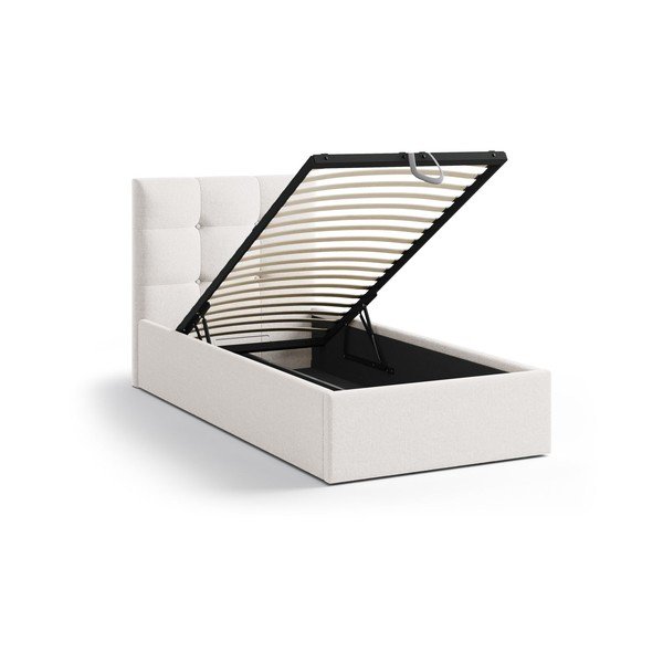 Krémszínű kárpitozott ágyneműtartós egyszemélyes ágy ágyráccsal 90x200 cm Phaedra – Micadoni -image-1