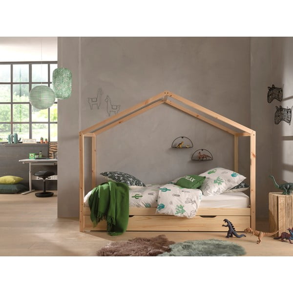 Natúr színű házikó alakú borovi fenyő gyerekágy kihúzható pótággyal, tárolóhellyel 90x200 cm DALLAS – Vipack-image-1