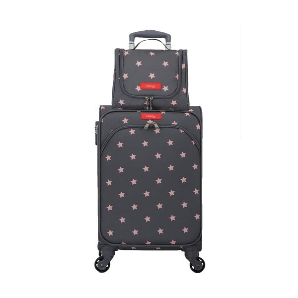 Starry szürke-rózsaszín gurulós bőrönd és kozmetikai táska szett - Lollipops