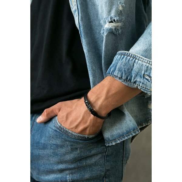 Double Braid fekete valódi bőr férfi karkötő - Monomen-image-1