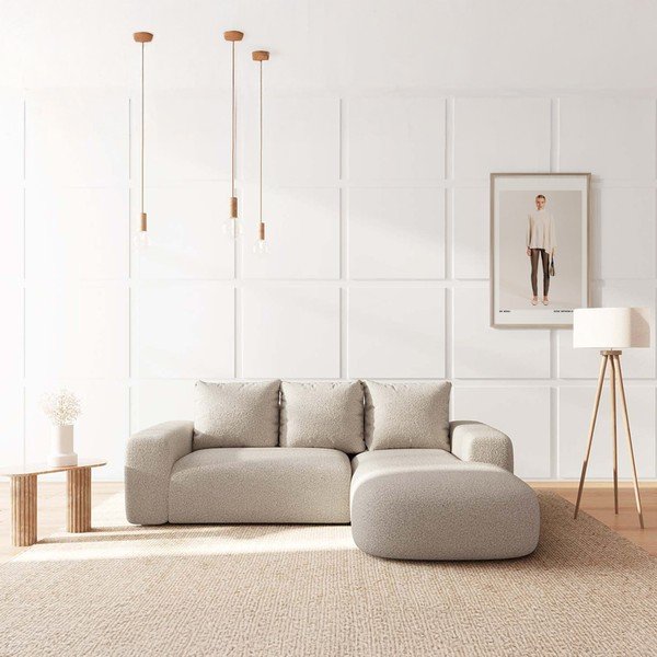 Bézs buklé sarokkanapé (jobb oldali-heverő résszel) Monce – Rodier-image-1