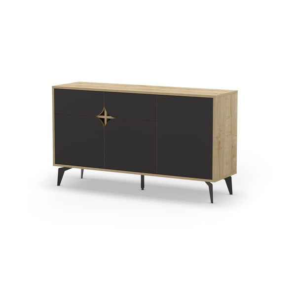 Fekete-natúr színű alacsony komód tölgyfa dekorral 140x79 cm Nola – Marckeric-image-3