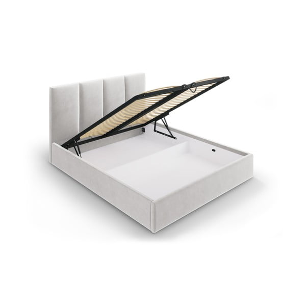 Világosszürke kárpitozott franciaágy tárolóhellyel ágyráccsal 180x200 cm Juniper – Mazzini Beds-image-3