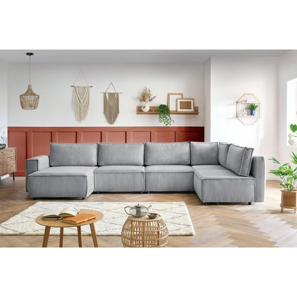 Világosszürke kordbársony sarokkanapé (jobb oldali-"U" alakú) Nihad modular – Bobochic Paris-image-1