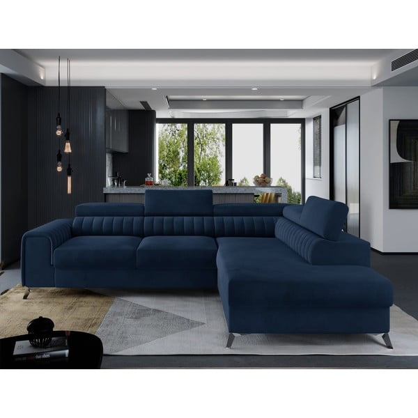 Kék bársony kinyitható-tárolóhelyes sarokkanapé (jobb oldali-L alakú) Laurence – ELTAP-image-1