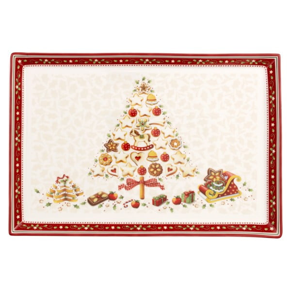 Piros-bézs porcelán szervírozó tányér karácsonyi motívummal, 40 x 27,5 cm - Villeroy & Boch