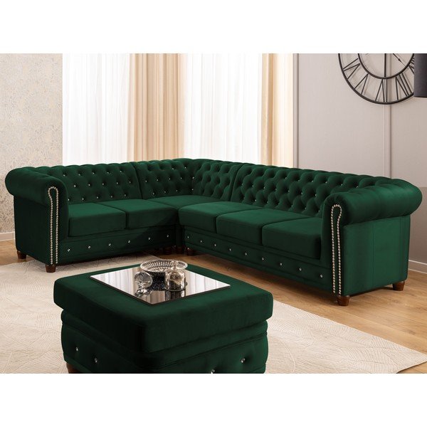 Zöld bársony kinyitható sarokkanapé (bal oldali-L alakú) York Blik – Ropez-image-1