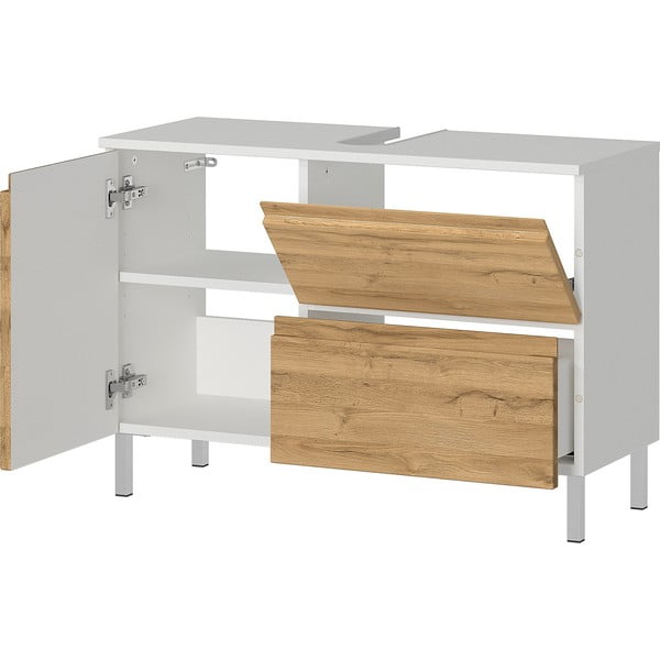 Fehér mosdókagyló alatti szekrény tölgyfa dekorral 80x56 cm Torrance - Germania-image-3