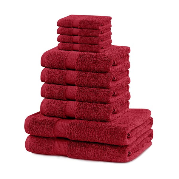 Piros frottír pamut törölköző és fürdőlepedő készlet 10 db-os Marina – Restilo