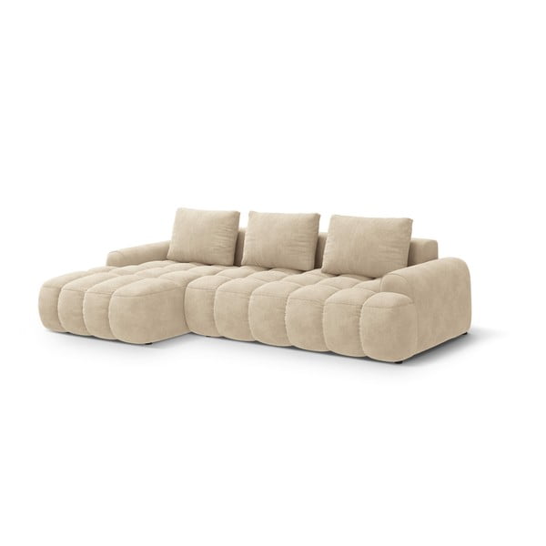Bézs bársony kinyitható-tárolóhelyes sarokkanapé (bal oldali-heverő résszel) Linz – Cosmopolitan Design-image-2