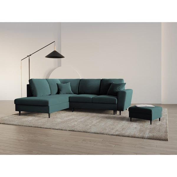 Petróleum színű bársony kinyitható tárolóhelyes sarokkanapé (bal oldali-L alakú) Kyoto – Cosmopolitan Design-image-2