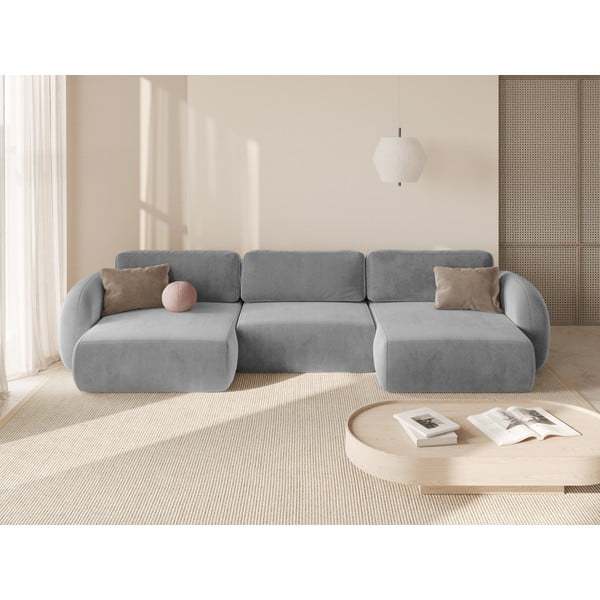 Világosszürke bársony kinyitható-tárolóhelyes (U alakú) sarokkanapé Tonale – Cosmopolitan Design-image-1