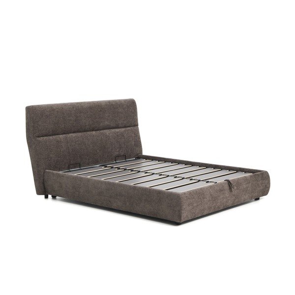 Sötétbarna kárpitozott ágyneműtartós zsenília franciaágy ágyráccsal 160x200 cm Dafra – Kave Home
