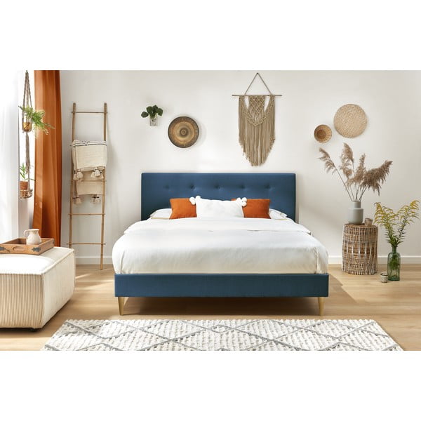 Kék kárpitozott franciaágy ágyráccsal 180x200 cm Rory – Bobochic Paris-image-4