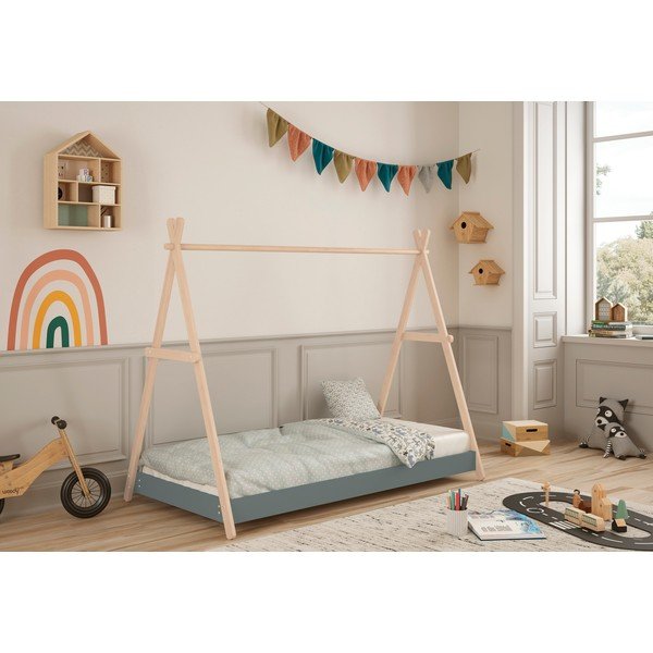 Natúr színű-szürkészöld borovi fenyő házikó alakú gyerekágy ágyráccsal 90x200 cm Trufa – Marckeric-image-1