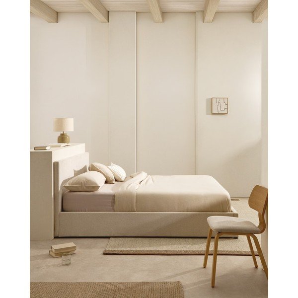 Bézs kárpitozott ágyneműtartós franciaágy ágyráccsal 160x200 cm Nahiri – Kave Home-image-1