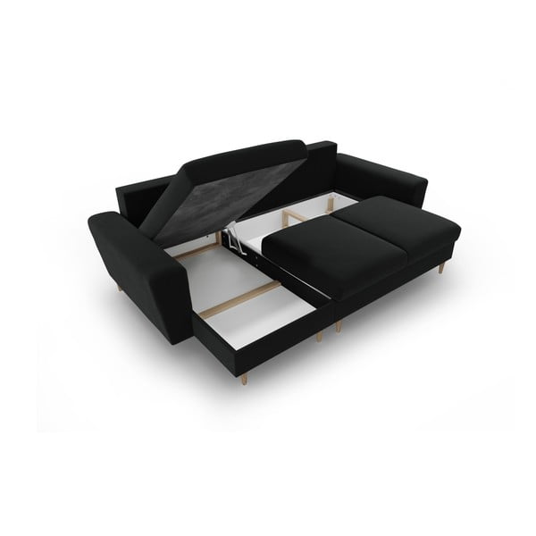 Fekete bársony kinyitható tárolóhelyes sarokkanapé Kyoto – Cosmopolitan Design-image-3