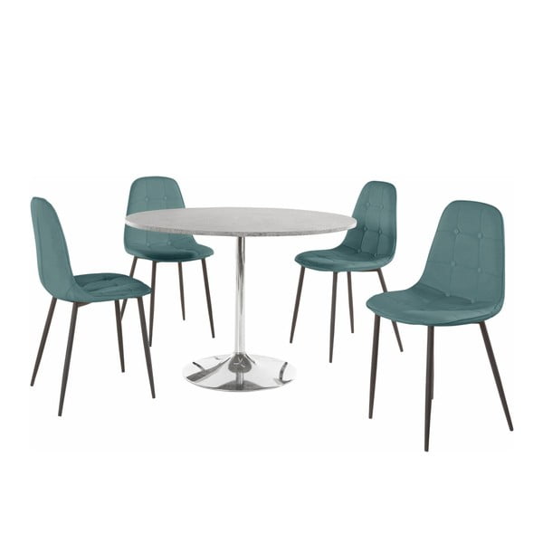 Terri Concrete kerek étkezőasztal és 4 részes türkiz szék szett - Støraa