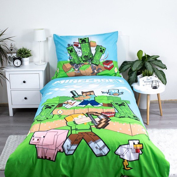Zöld-kék egyszemélyes pamut gyerek ágyneműhuzat 140x200 cm Minecraft "Outdoor Mobs" – Jerry Fabrics-image-1