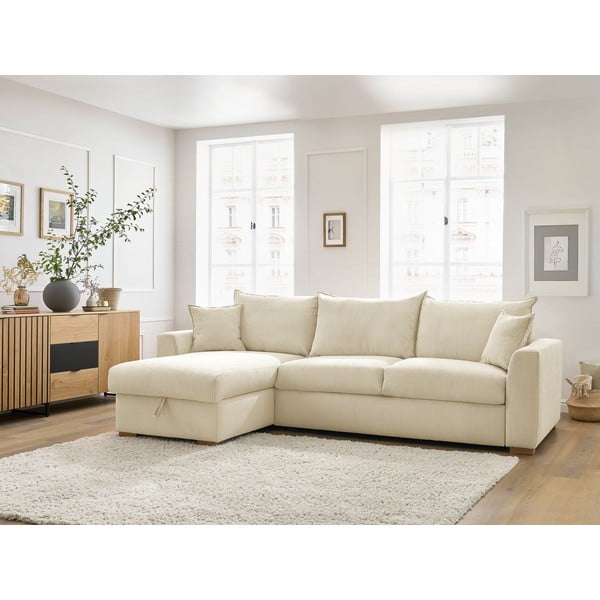 Krémszínű kordbársony kinyitható sarokkanapé (variálható) Augustin – Bobochic Paris-image-1