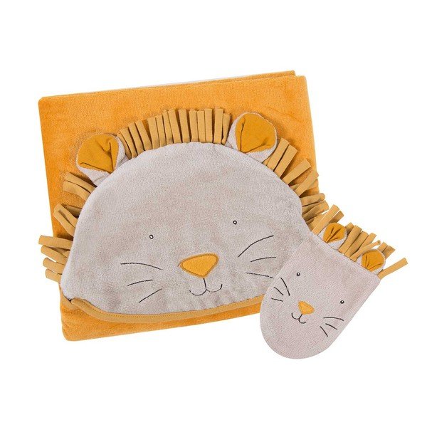 Sárga pamut kapucnis gyerek törölköző mosdókesztyűvel 80x114 cm Sous mon Baobab - Moulin Roty-image-1