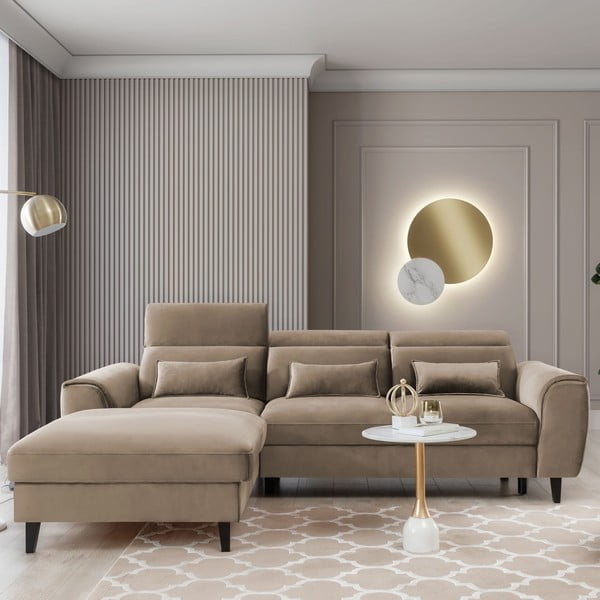 Világosbarna bársony kinyitható-tárolóhelyes sarokkanapé (bal oldali-heverő résszel) Foble – ELTAP-image-1