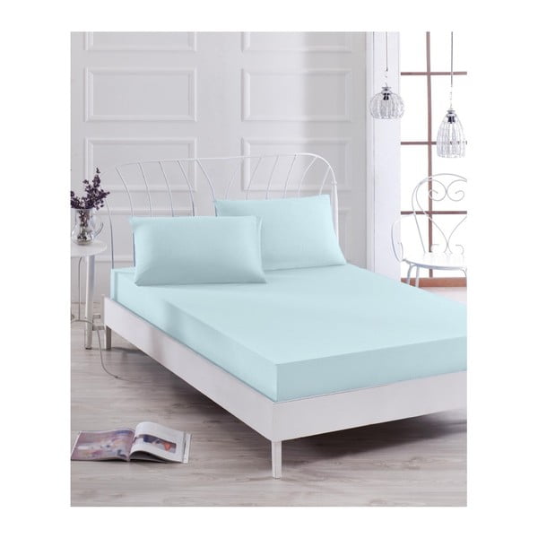 Basso Azul világoskék elasztikus lepedő és párnahuzat szett egyszemélyes ágyhoz, 100 x 200 cm