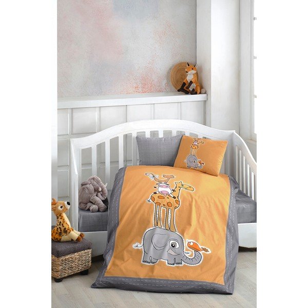 Pamut gyerek négyrészes ágyneműhuzat babaágyhoz lepedővel 100x150 cm Orange Animal – Mila Home-image-1