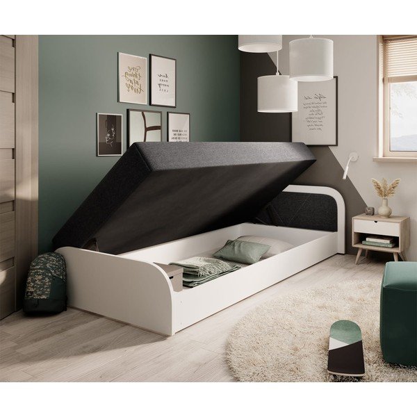 Fehér-sötétszürke kárpitozott-forgácslemez ágyneműtartós egyszemélyes ágy matraccal 80x190 cm Parys – ELTAP-image-2