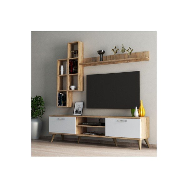 Fehér-natúr színű nappali bútor szett borovi fenyő dekorral 180x48 cm Veronica - Kalune Design-image-1