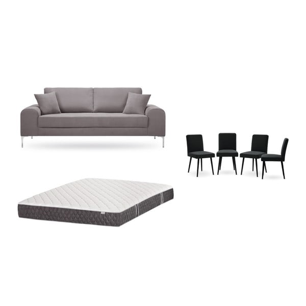 Barna, háromszemélyes kanapé, 4 db fekete szék, matrac (160 x 200 cm) szett - Home Essentials