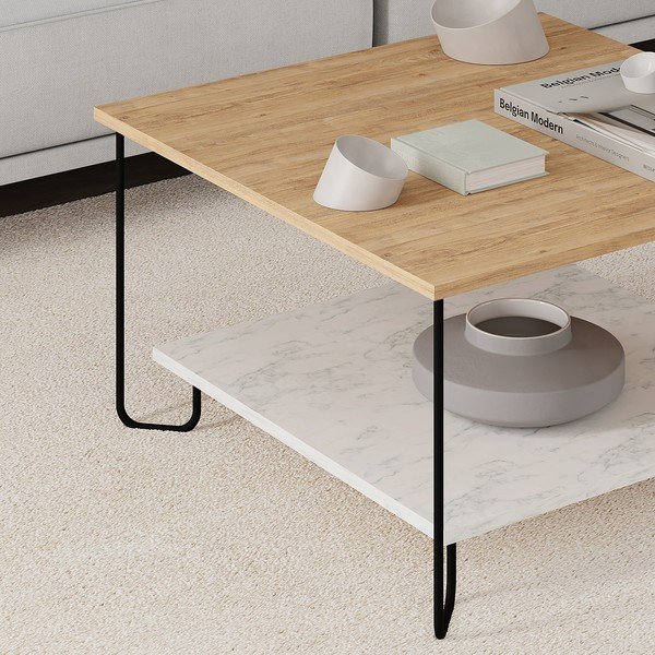 Fehér-natúr színű dohányzóasztal tölgyfa dekoros asztallappal 80x80 cm Tonka – Marckeric-image-2