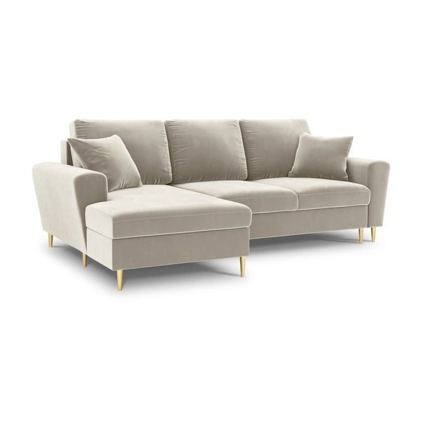 Bézs bársony kinyitható tárolóhelyes sarokkanapé (bal oldali-heverő résszel) Kyoto – Cosmopolitan Design-image-1