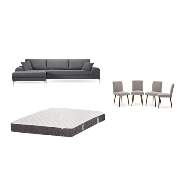 Szürke baloldali sarokkanapé, 4 db szürkésbézs szék, matrac (160 x 200 cm) szett - Home Essentials