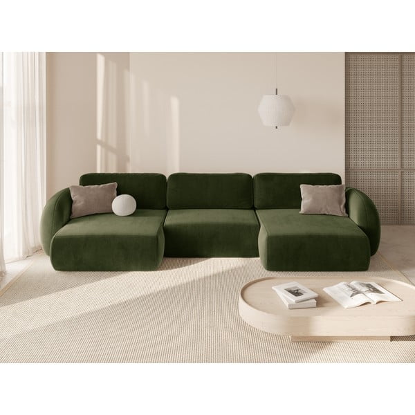 Zöld bársony kinyitható-tárolóhelyes (U alakú) sarokkanapé Tonale – Cosmopolitan Design-image-1