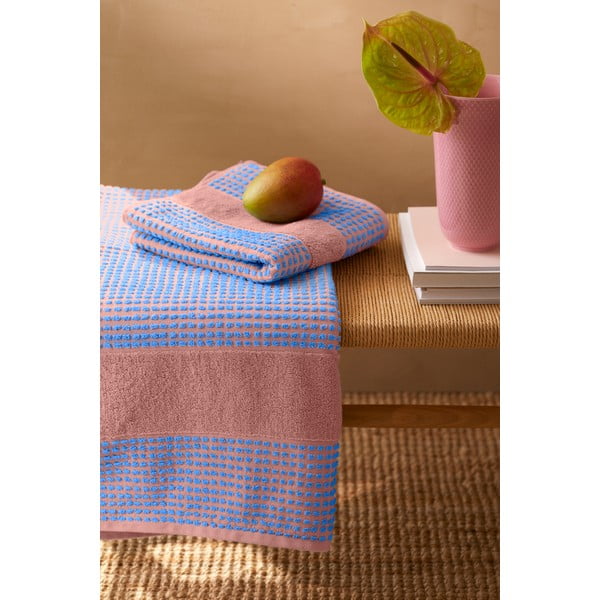 Kék-rózsaszín frottír bio pamut törölköző 50x100 cm Check – JUNA-image-1