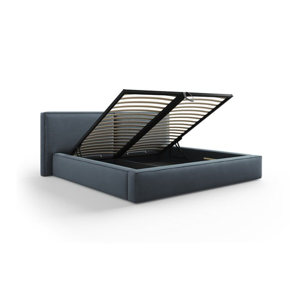 Sötétkék kárpitozott franciaágy tárolóhellyel, ágyráccsal 200x200 cm Arendal – Cosmopolitan Design-image-3