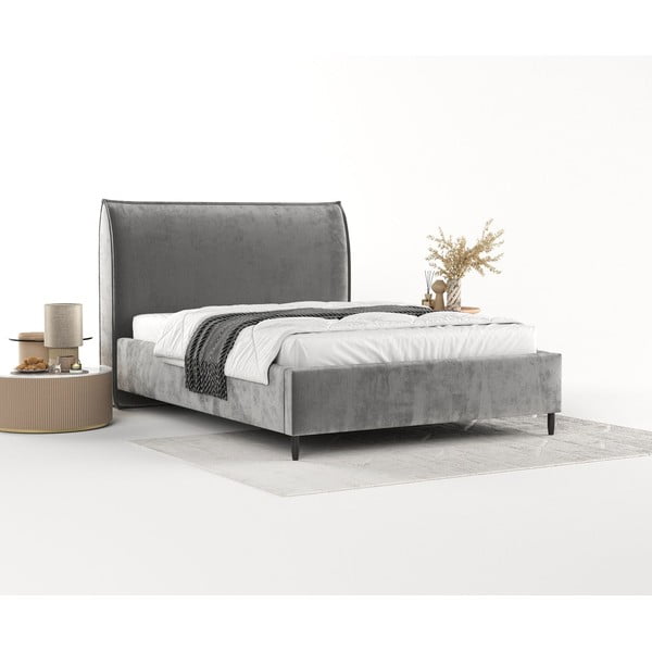 Szürke kárpitozott ágyneműtartós franciaágy ágyráccsal 180x200 cm Shell – Maison de Rêve-image-2