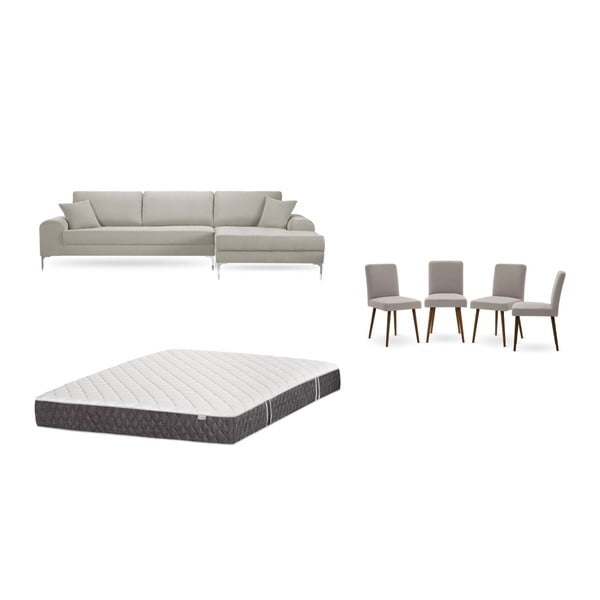 Krémszínű jobboldali sarokkanapé, 4 db szürkésbézs szék, matrac (160 x 200 cm) szett - Home Essentials