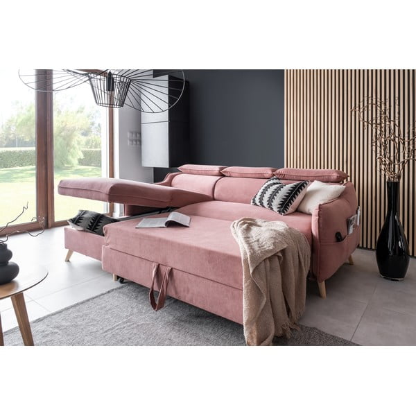 Világos rózsaszín bársony kinyitható sarokkanapé (bal oldali) Sweet Harmony – Miuform-image-4
