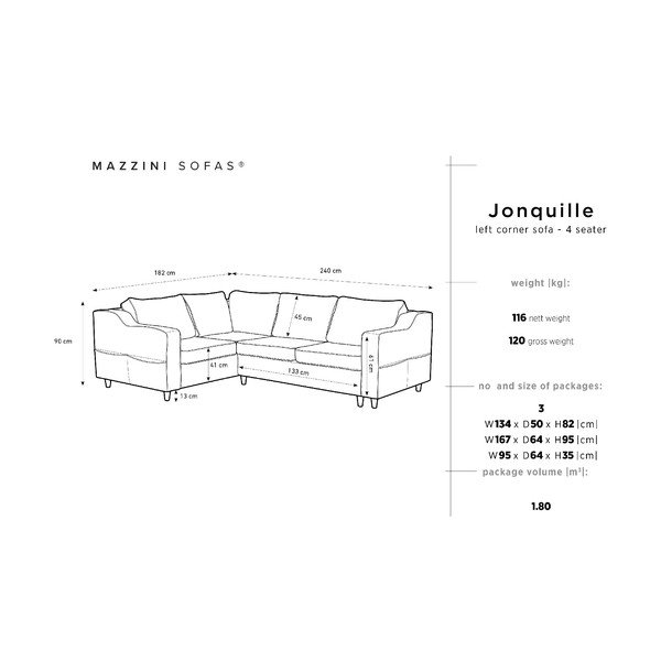 Jonquille szürke négyszemélyes kinyitható kanapé, bal oldali - Mazzini Sofas-image-1