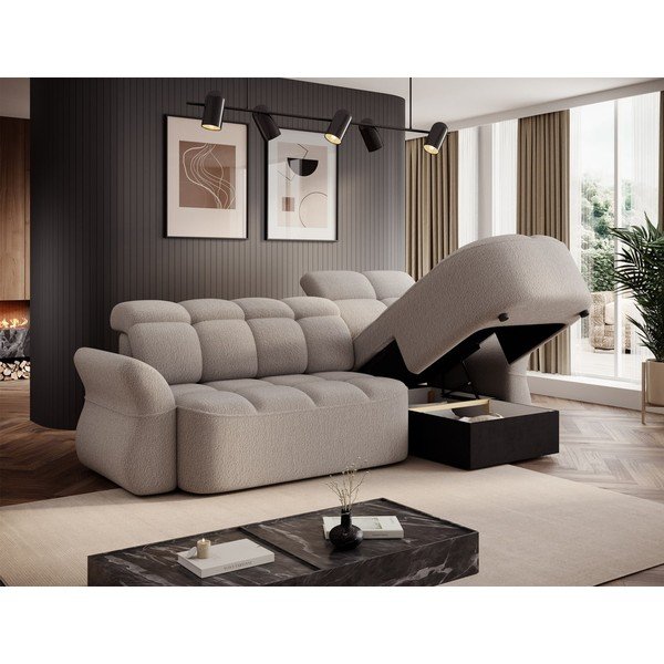 Bézs buklé kinyitható-tárolóhelyes sarokkanapé (jobb oldali-heverő résszel) Beneth – ELTAP-image-4